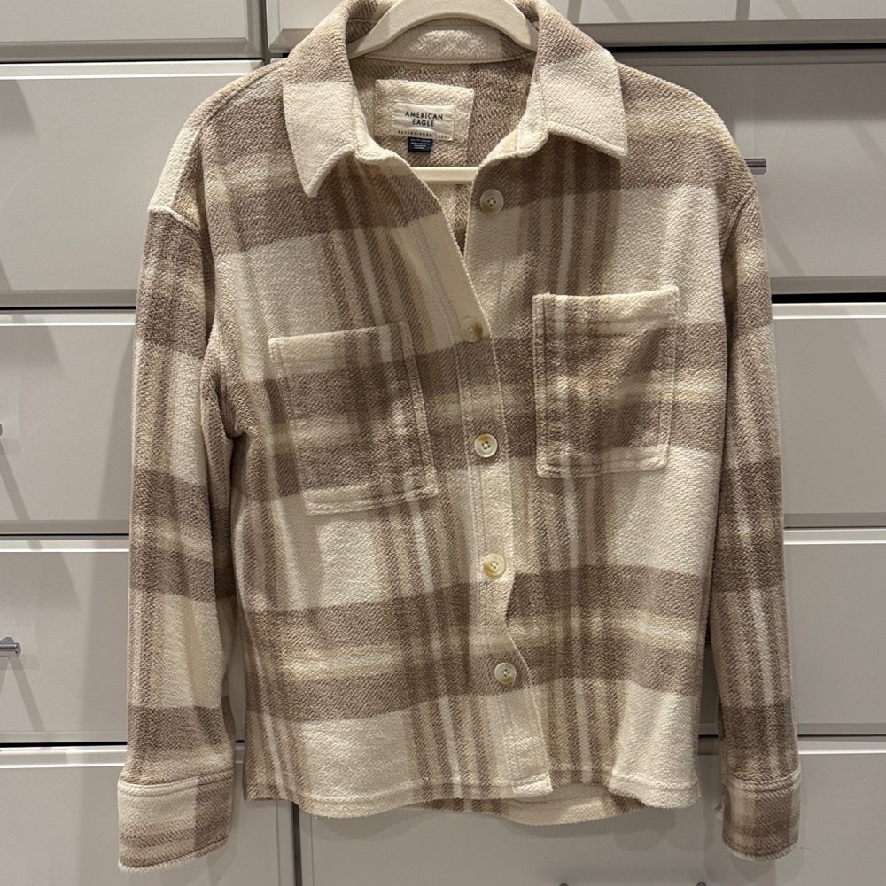 American Eagle Outfitters Cream and Brown Plaid button down top.